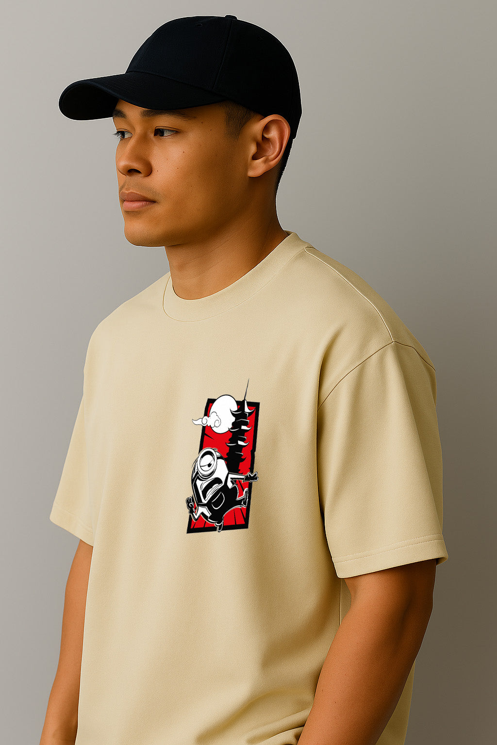 Side profile of off white oversized shirt showcasing aggressive minion chest artwork for men