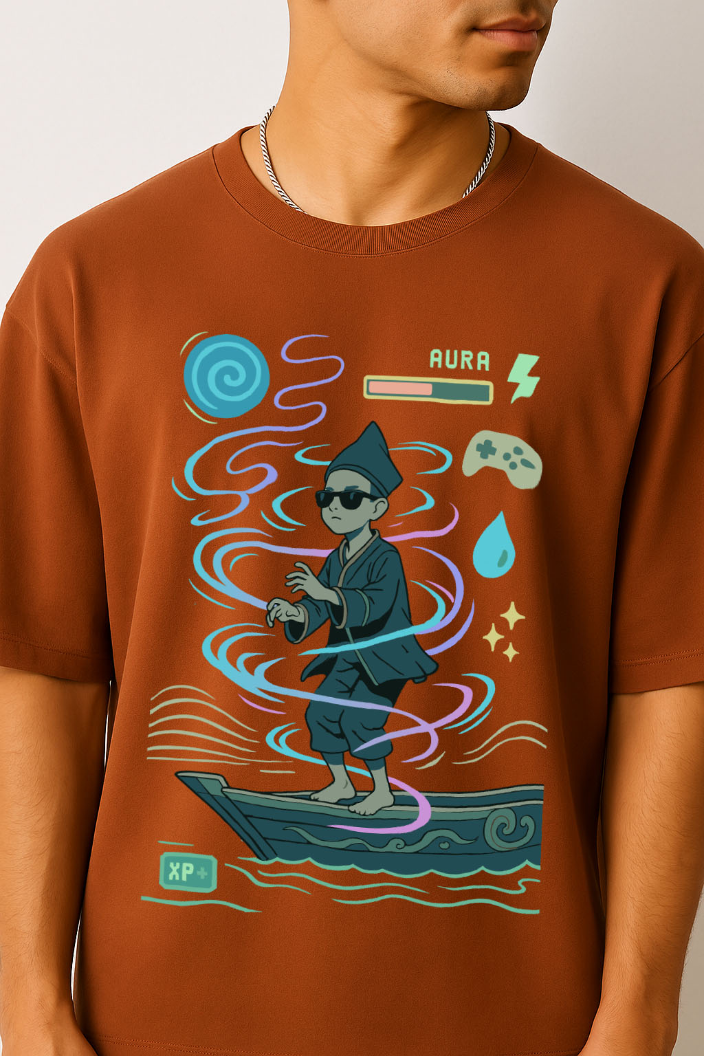 Person wearing a brown oversized t-shirt with a aura farming graphic design of a character in a futuristic setting.