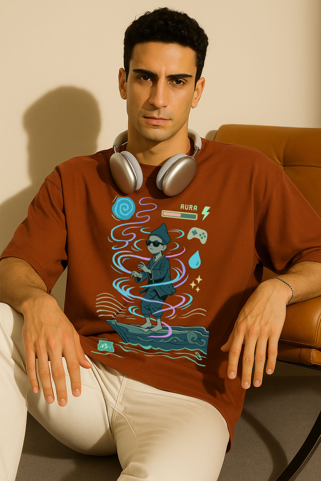 Man wearing a oversized brown t-shirt with a aura farming graphic design, sitting on a couch.