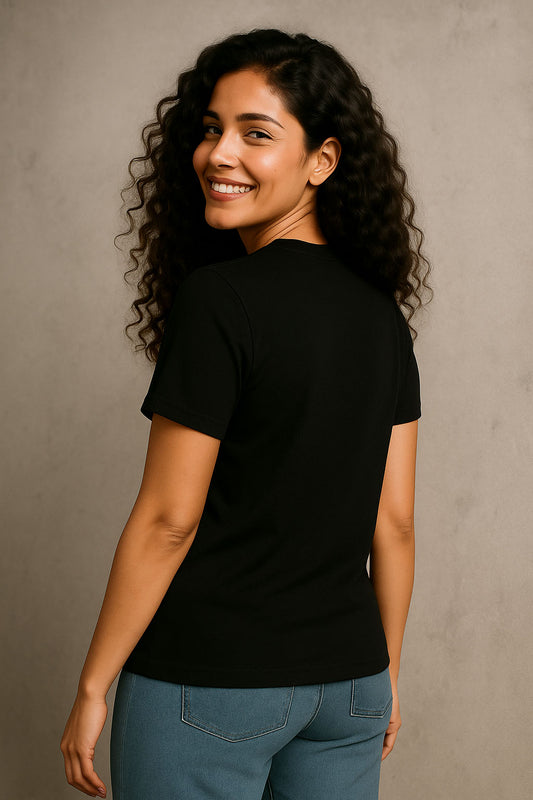 Back view of black cotton funny Hindi t-shirt for women – perfect for Maggi lovers with witty quote