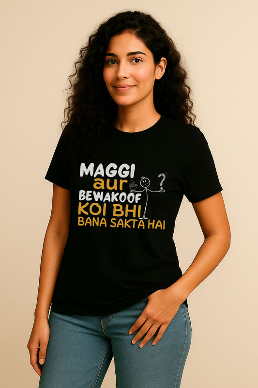 Relaxed standing pose in black funny Hindi cotton t-shirt for women – perfect for everyday humor
