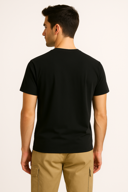 Back view of black cotton t-shirt for men with futuristic new style print – casual streetwear