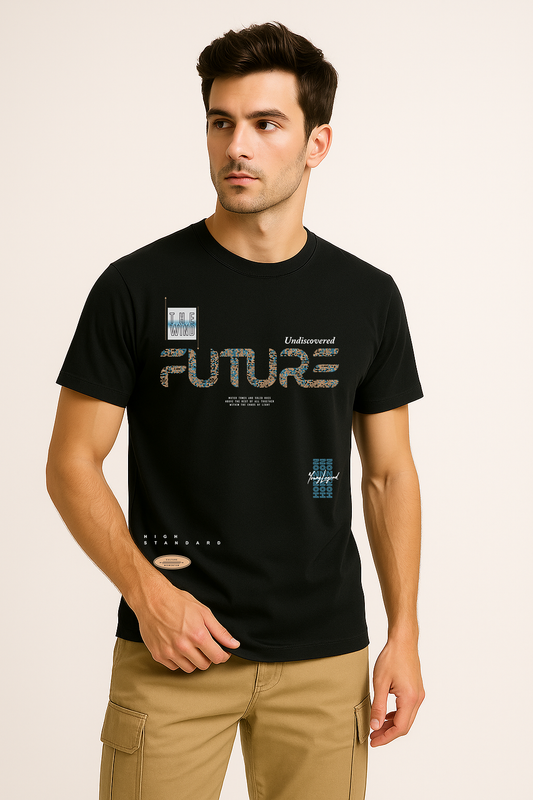 Front view of men’s black cotton t-shirt with futuristic typography and graphic design