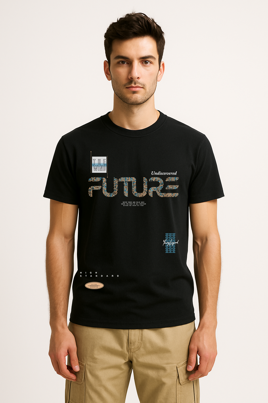 Black cotton t-shirt for men styled with khaki pants – futuristic design print
