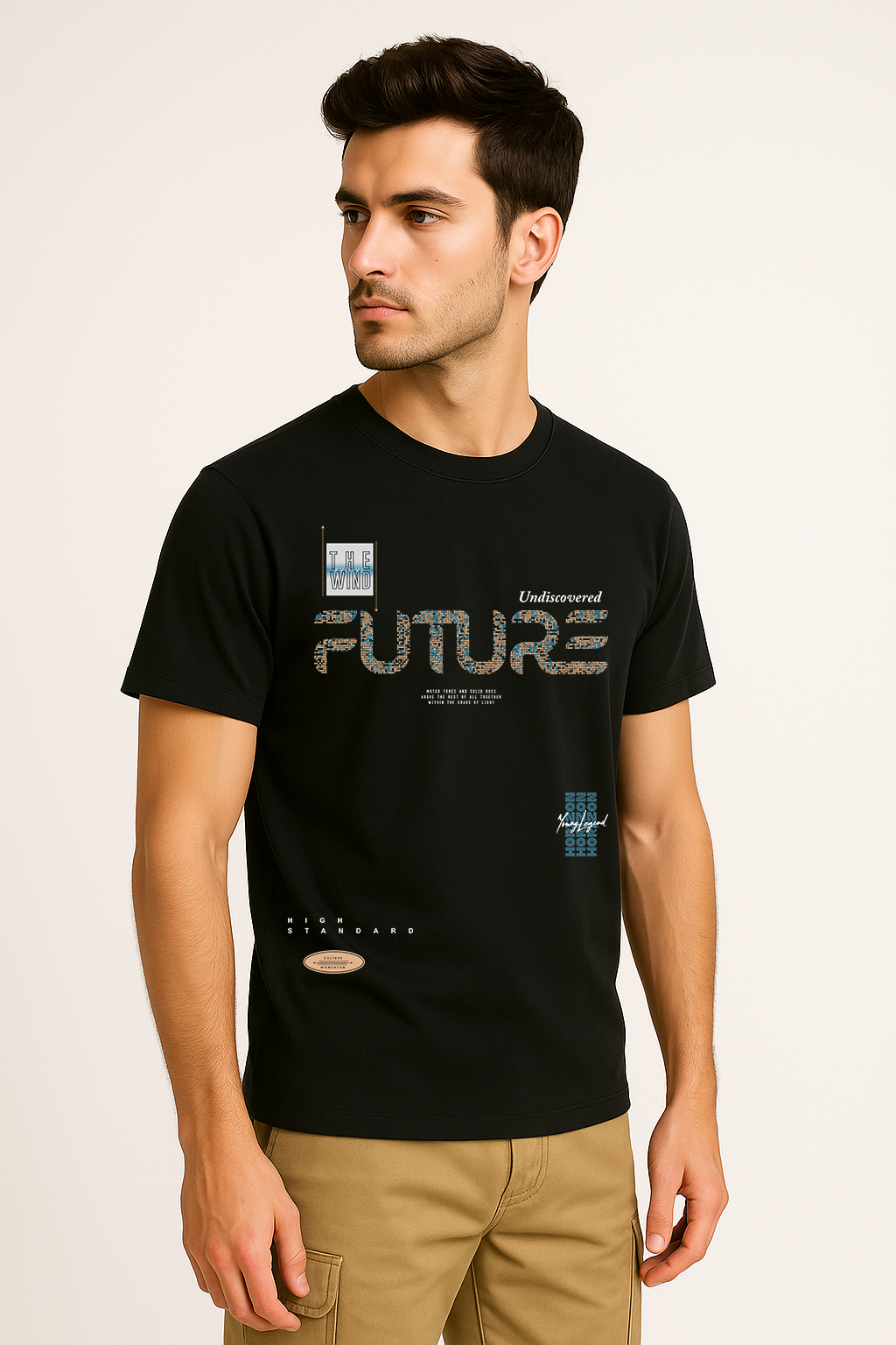 Casual styling of futuristic black cotton t-shirt for men – relaxed fashion vibe