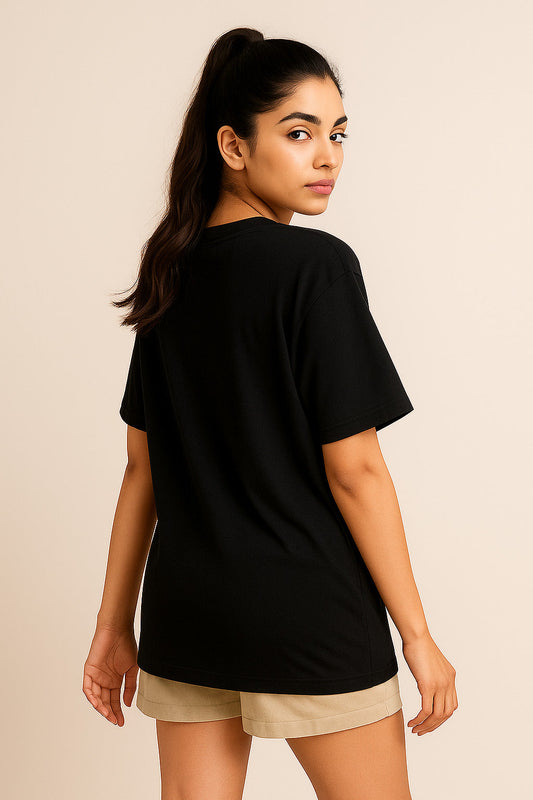 Black oversized introvert t-shirt for women – back view with clean design for Gen Z streetwear