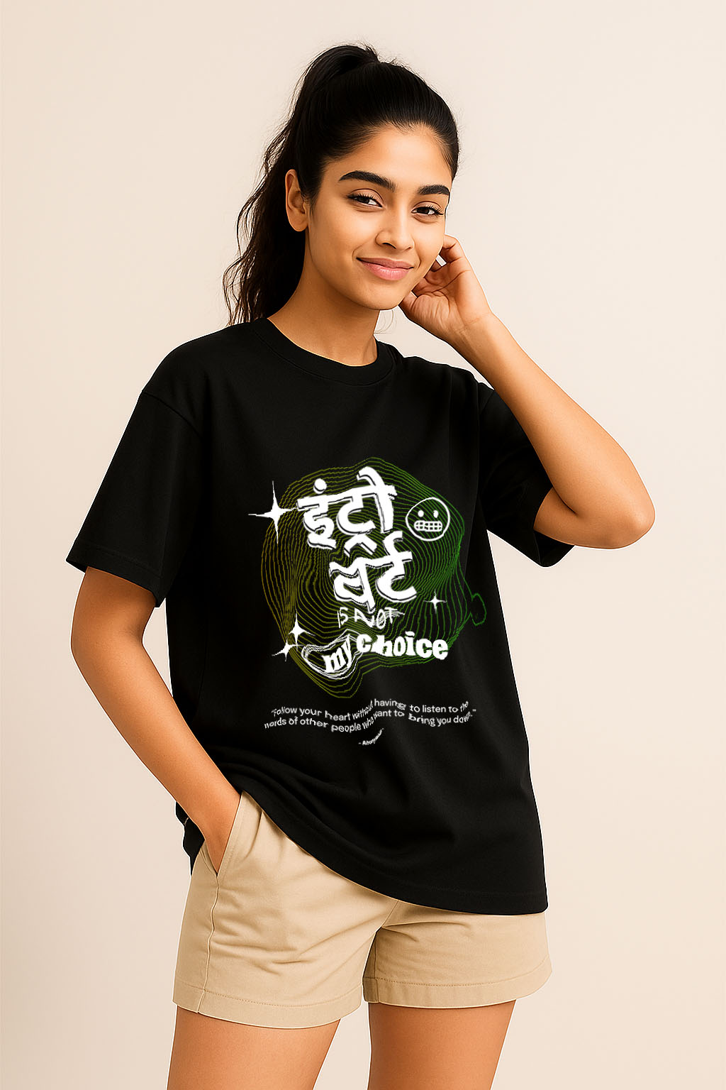 Casual front pose – black oversized cotton t-shirt with introvert-themed print for women