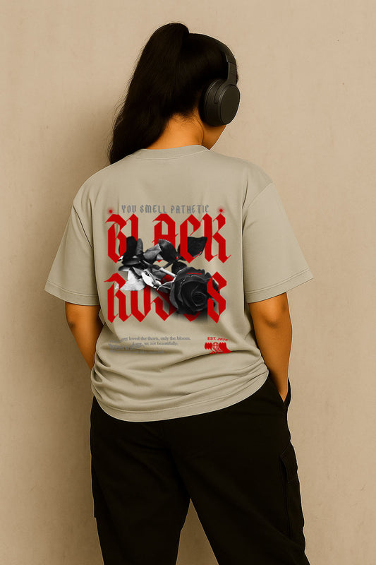 Back view of BANKAZ oversized grey t-shirt for women featuring black rose gothic print – moody vibe