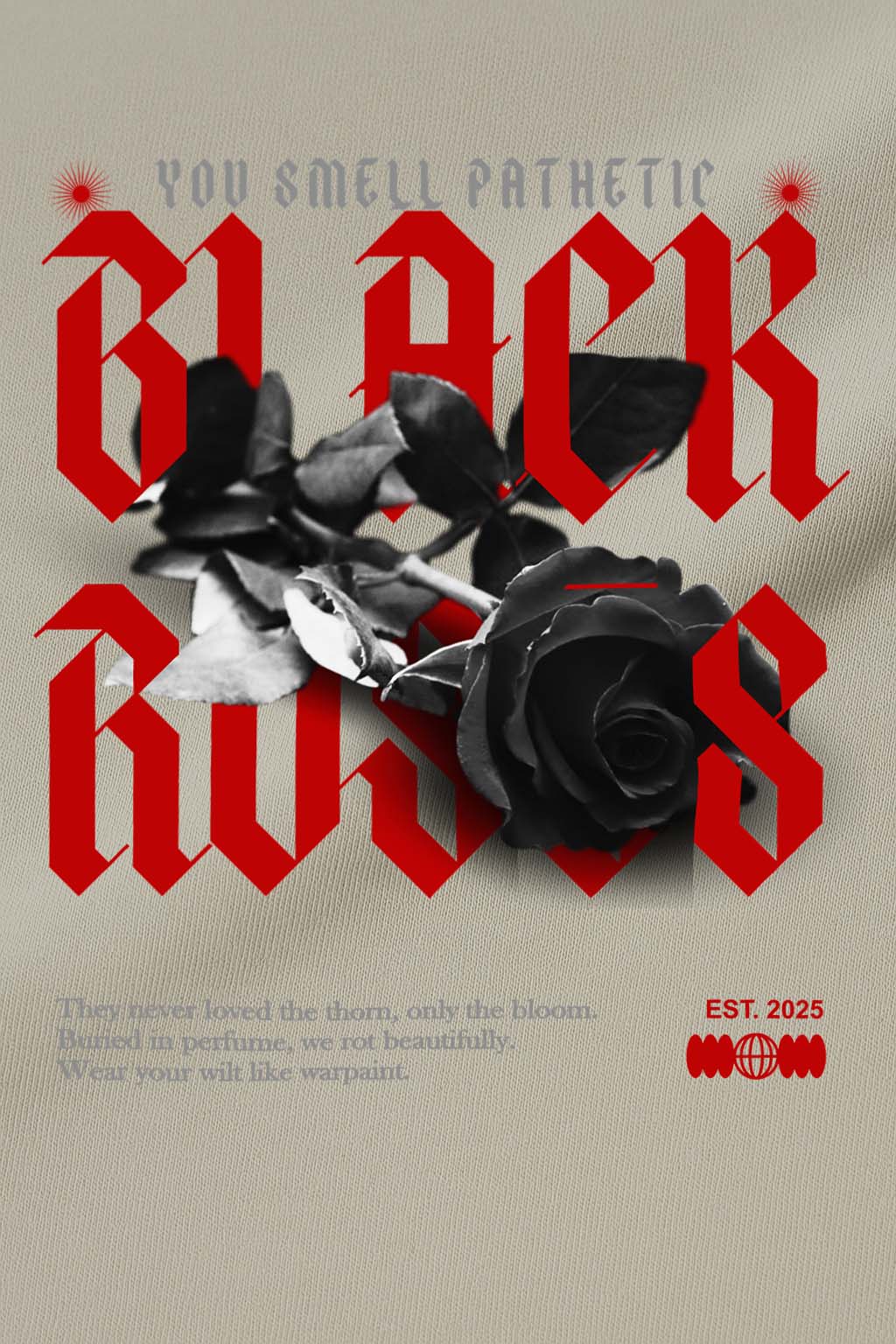 Close-up of BLACK ROSES print with red gothic text and black floral art – BANKAZ oversized tee