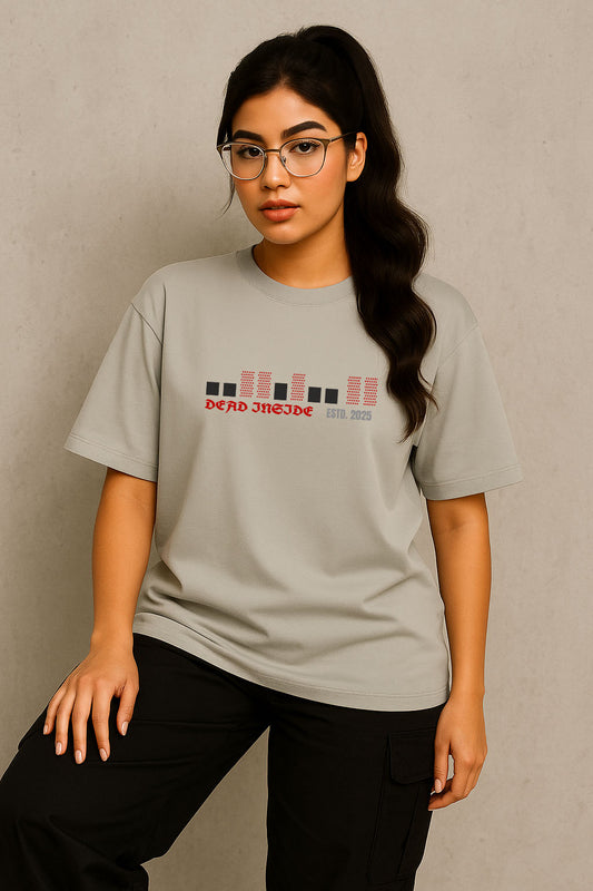Front view of BANKAZ black rose oversized t-shirt with “Dead Inside” quote – grunge style for women
