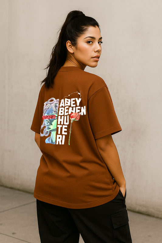 Back design close-up of brown oversized Hindi quote t-shirt for women – desi streetwear by BANKAZ