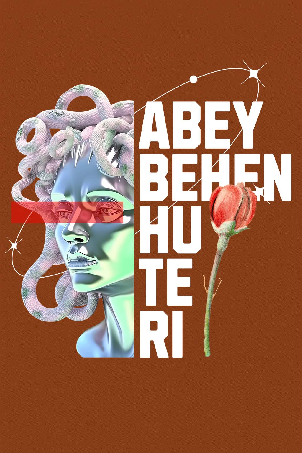 Graphic design "Abey Behen H**Teri" with digital Medusa head on brown oversized t-shirt – BANKAZ India