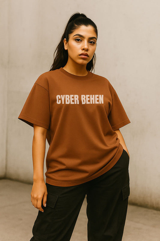 Front view of brown oversized t-shirt with "Cyber Behen" text – Gen Z Hindi streetwear by BANKAZ