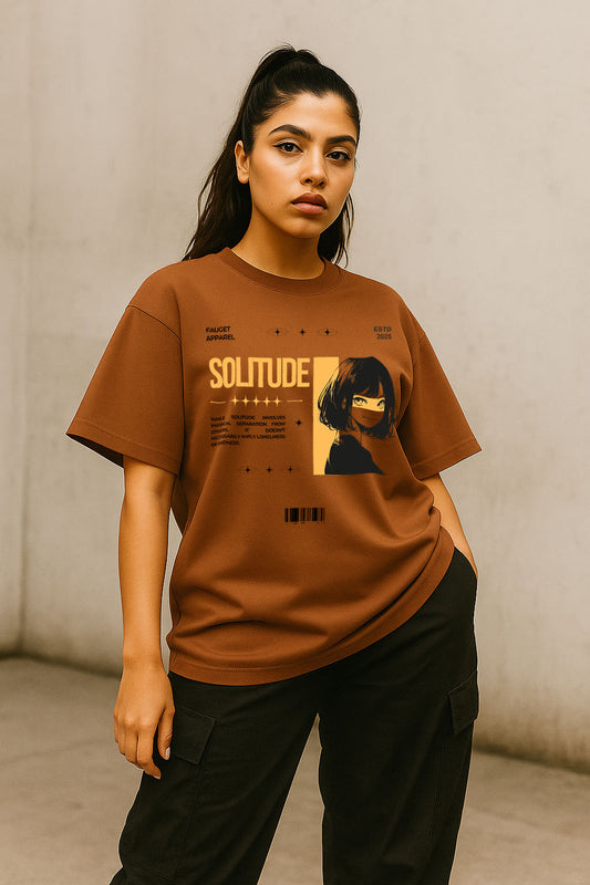Front view of brown oversized solitude anime graphic t-shirt for women – relaxed fit look