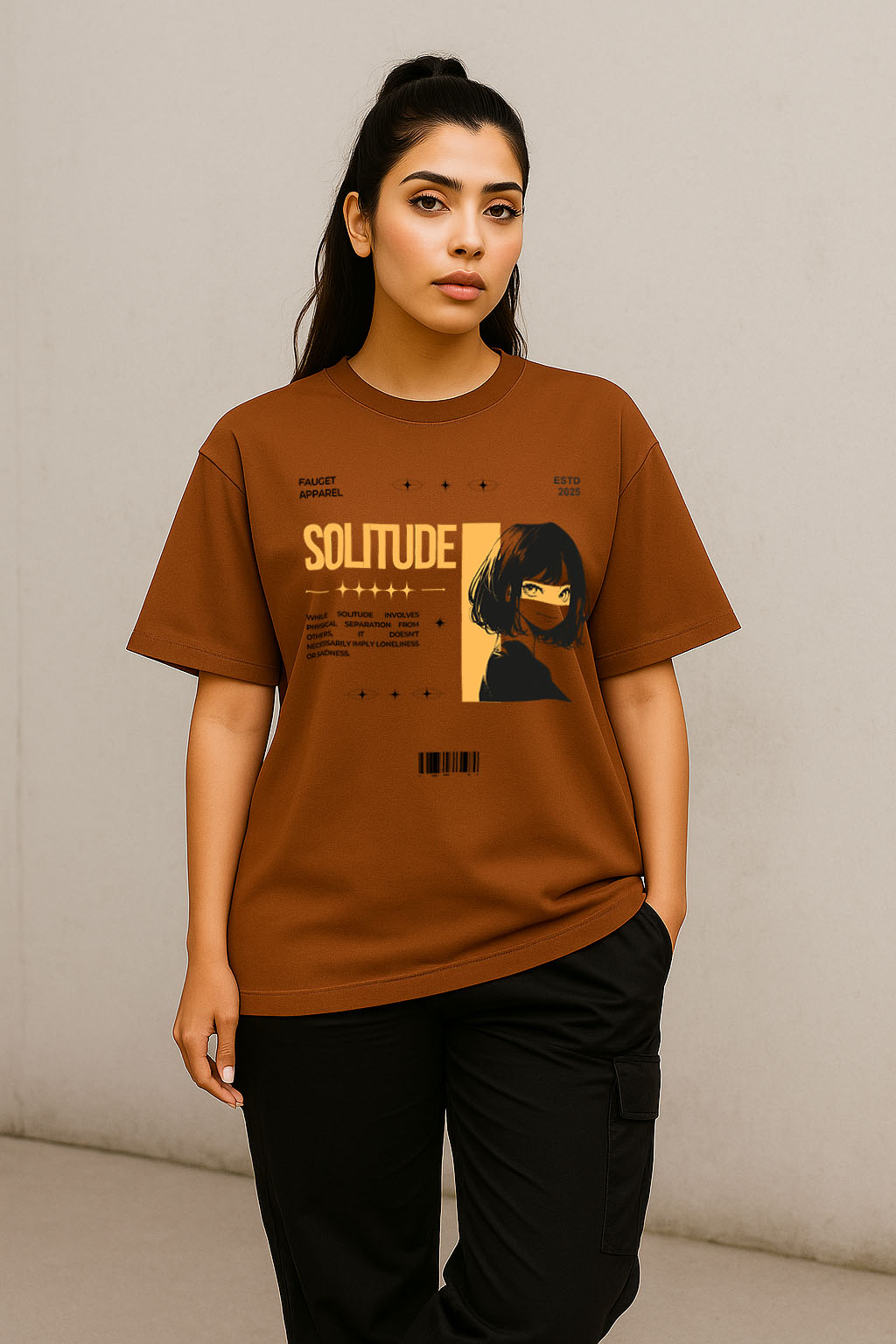 Casual pose wearing brown anime solitude oversized t-shirt for women with streetwear vibe