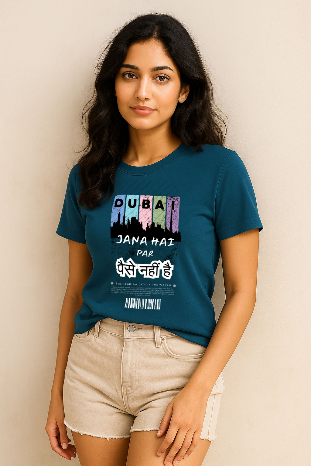 Woman wearing turquoise cotton t-shirt with Dubai travel-themed Hindi print – relaxed fit front pose
