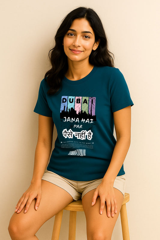 Front view of turquoise cotton t-shirt for women featuring multicolor Dubai travel Hindi graphic