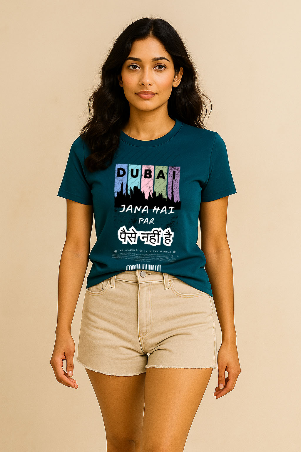 Model in turquoise regular-fit t-shirt with quirky Dubai Hindi quote – casual streetwear style