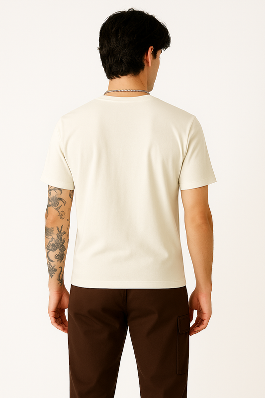 Back view of Embrace Legacy white cotton t-shirt for men – premium fit styling