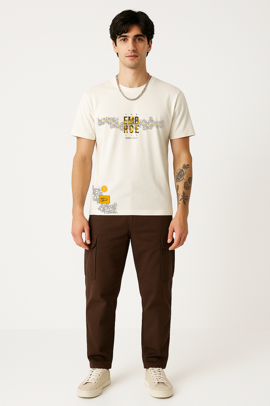 Front view of Embrace Legacy white cotton t-shirt for men with premium graphic print