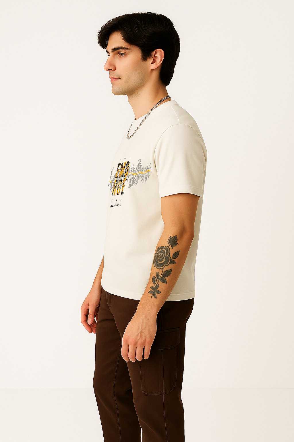 Side profile of Embrace Legacy white cotton men’s t-shirt – comfortable premium fit with design detail