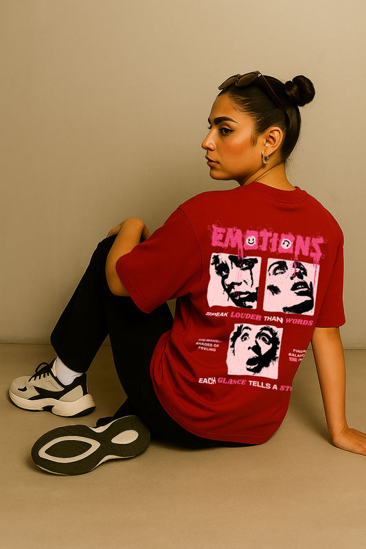 Back design of BANKAZ red oversized t-shirt for women with emo graphic print – streetwear look