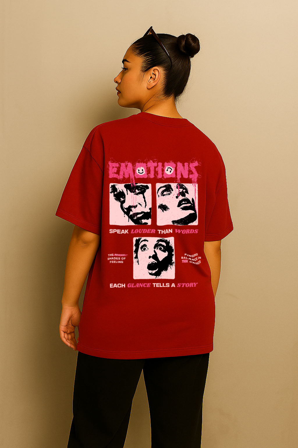 Rear view of emo graphic oversized red t-shirt for women by BANKAZ – bold expressive design
