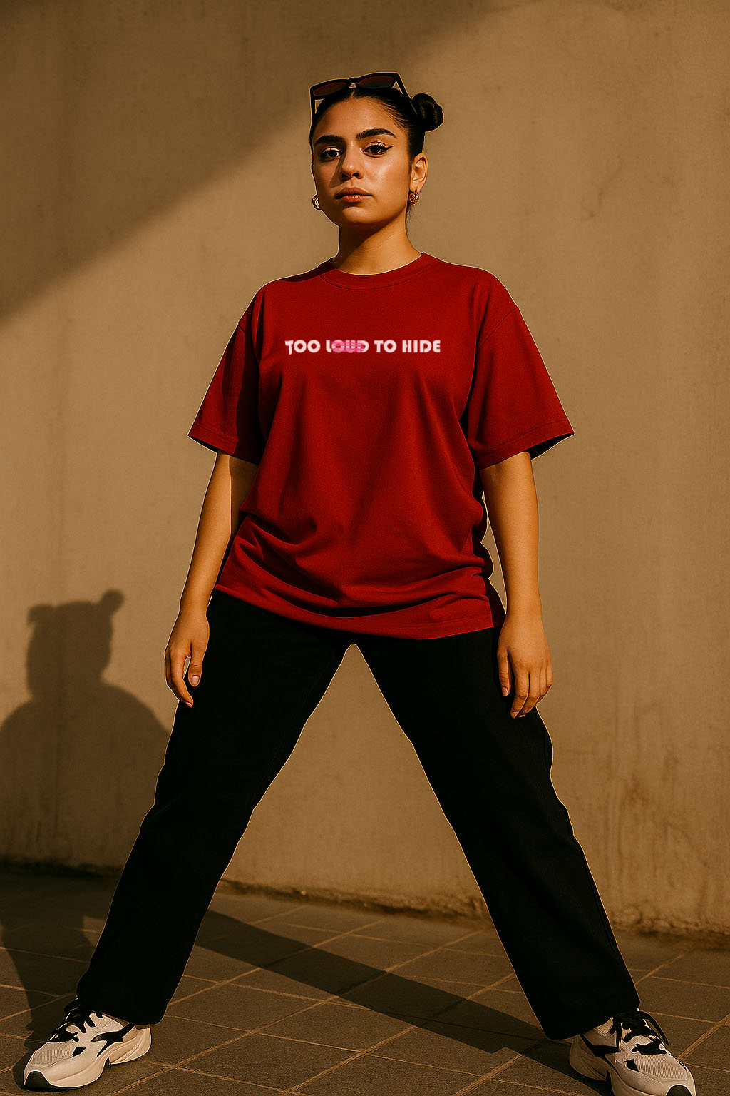 Women's red cotton oversized t-shirt by BANKAZ with minimal front text print – Gen Z emo style