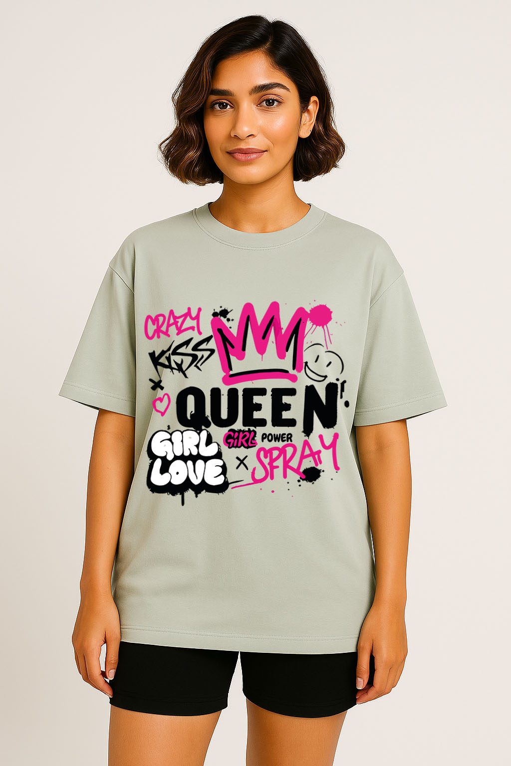 Front view of women's grey oversized t-shirt with powerful graffiti girl love print – casual streetwear vibe