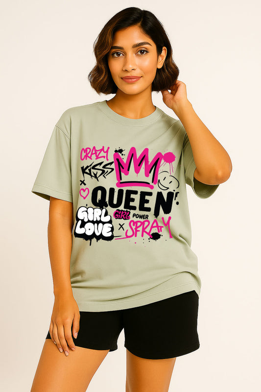 Model showcasing graffiti girl love oversized grey t-shirt for women – bold street fashion statement