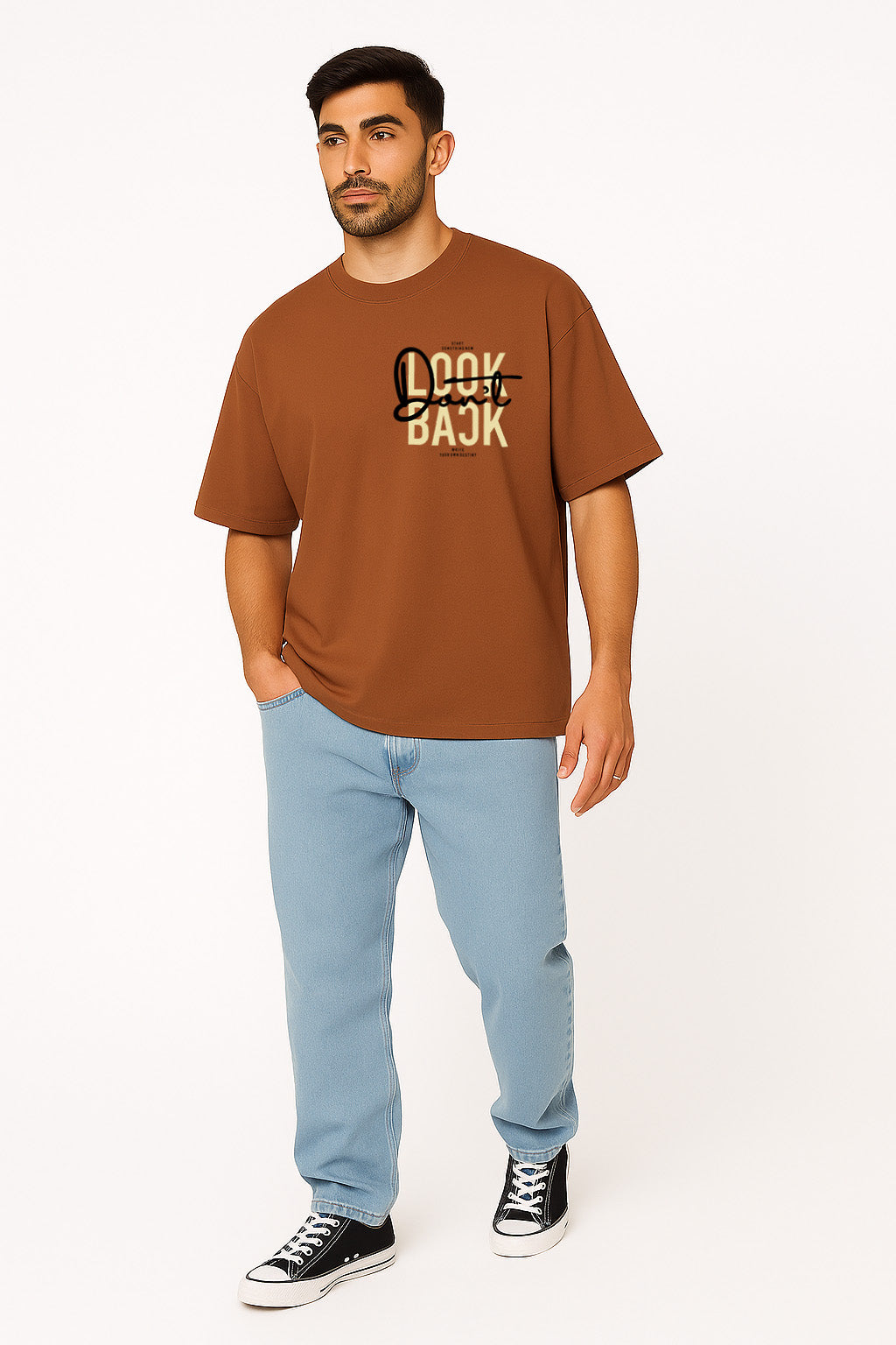 Full front view of graffiti t shirt for men in brown oversized fit with urban “Don’t Look Back” print