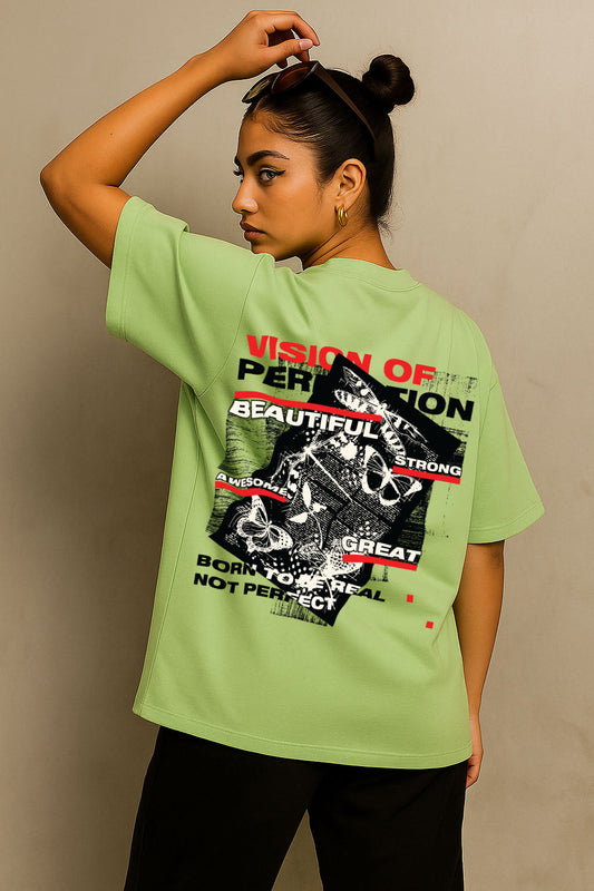Women's Oversized Green T-Shirt – Back Graphic Featuring Butterflies and Motivational Typography