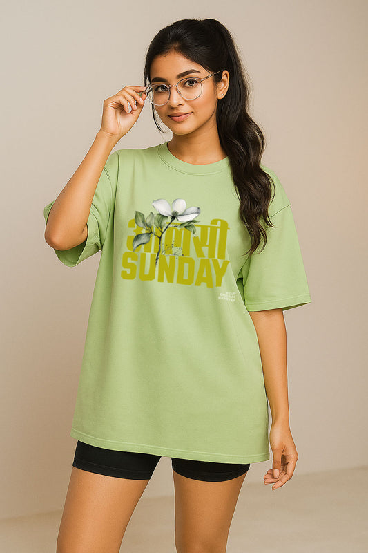 BANKAZ green oversized t-shirt for women with Hindi print and white flower – youthful streetwear