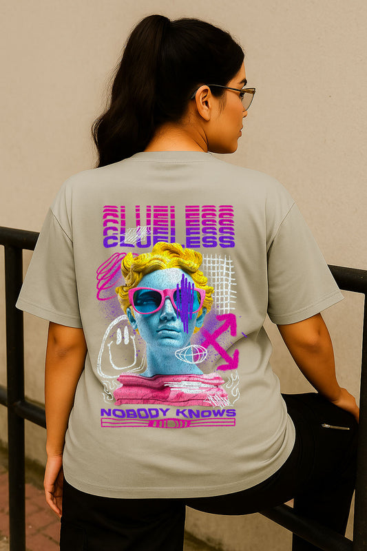 Female model showcasing the back of grey neon grunge oversized t-shirt – edgy street fashion
