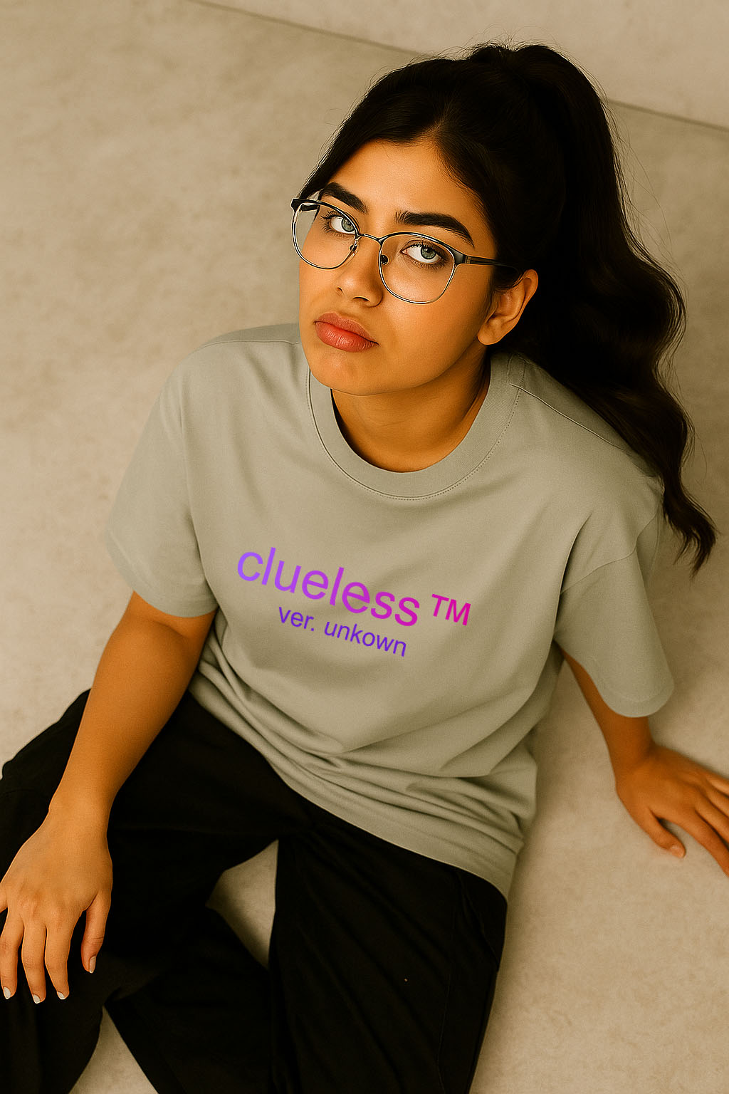 Sitting model wearing grey oversized tee with simple neon purple print – women’s casual streetwear