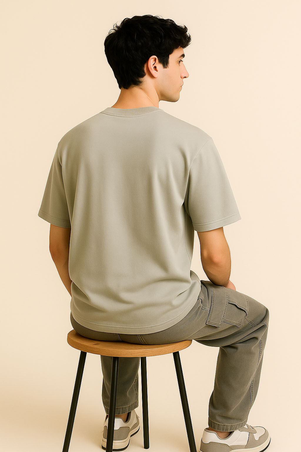 Side-back angle of BANKAZ grey oversized grunge t shirt with simple plain design
