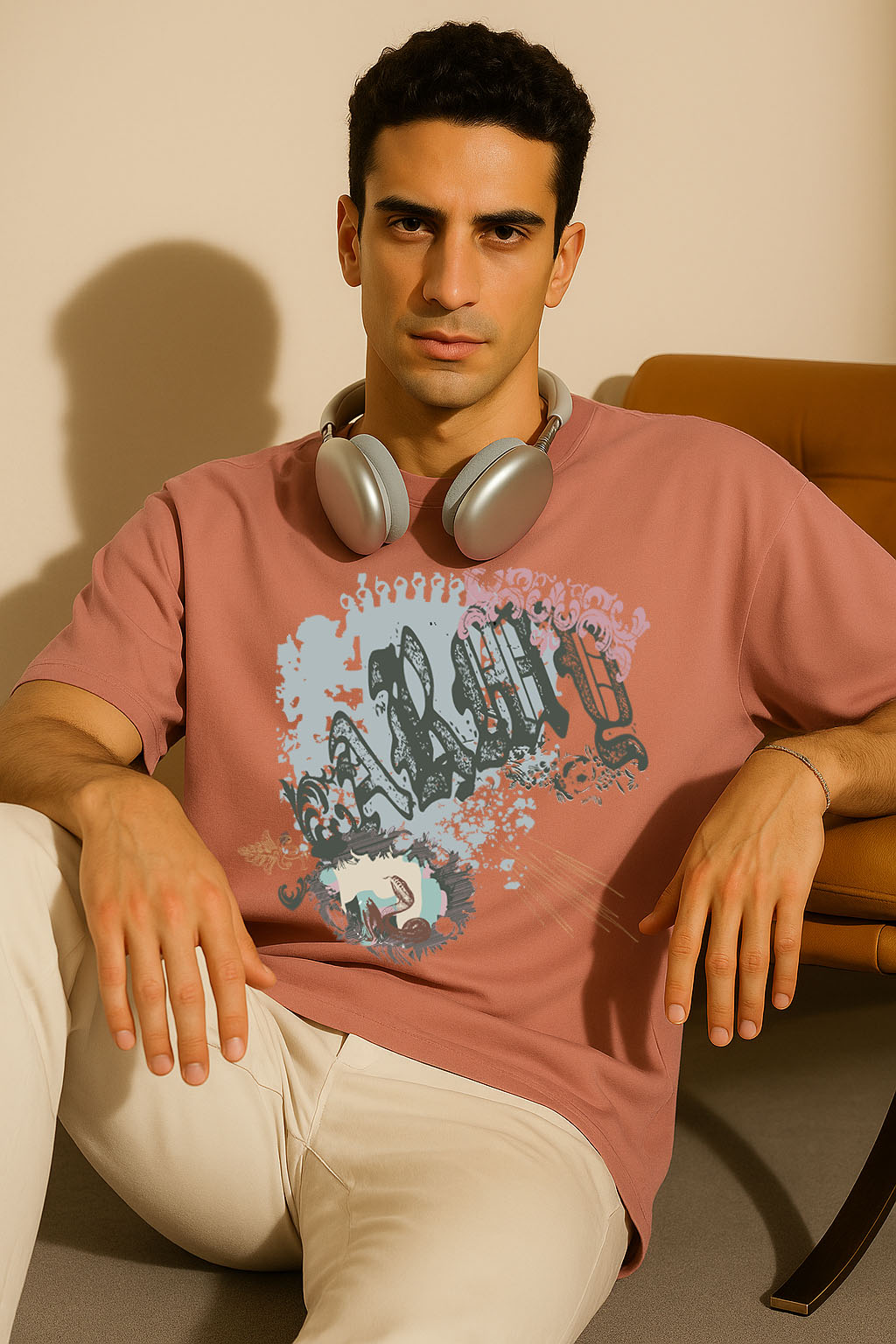 Relaxed pose showcasing BANKAZ pink oversized grunge t shirt with abstract printed design