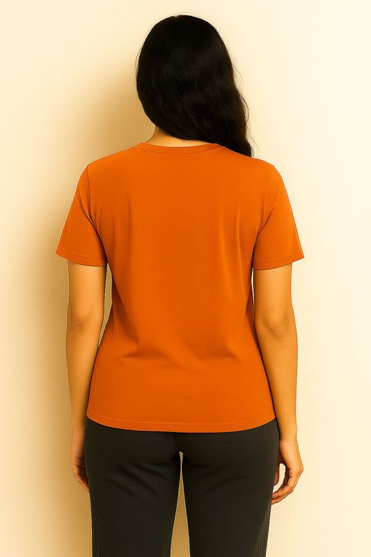 Back view of orange cotton t-shirt for women with plain design – BANKAZ regular fit