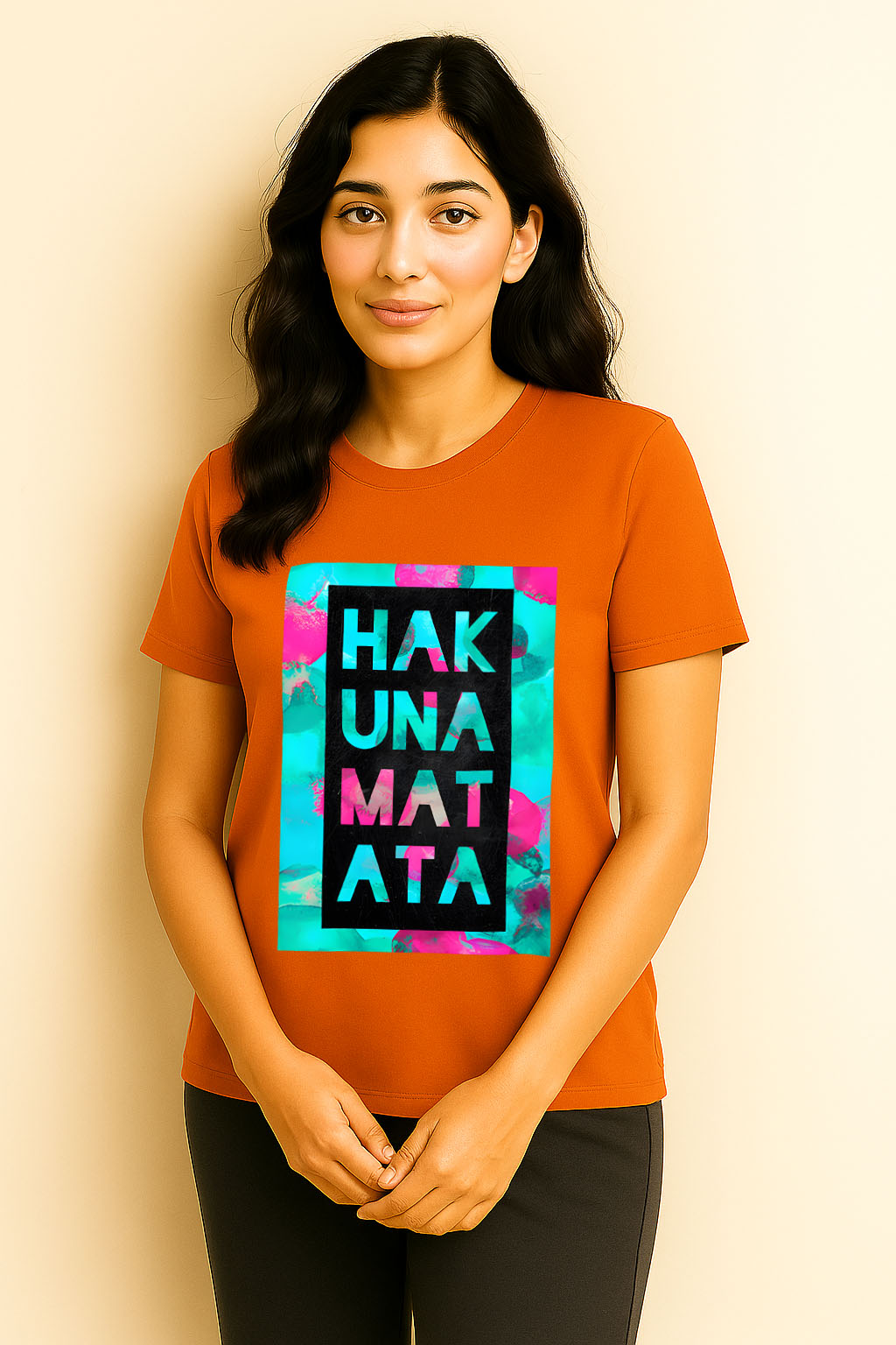 Front-facing pose of woman in Hakuna Matata orange t-shirt – vibrant graphic cotton tee