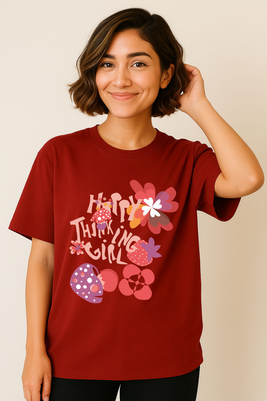 Front view closeup – happy thinking girl text and mushrooms on red oversized cotton t-shirt for women