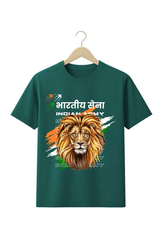 BANKAZ Independence Day T-shirt with Indian Army lion graphic on turquoise cotton for men and women