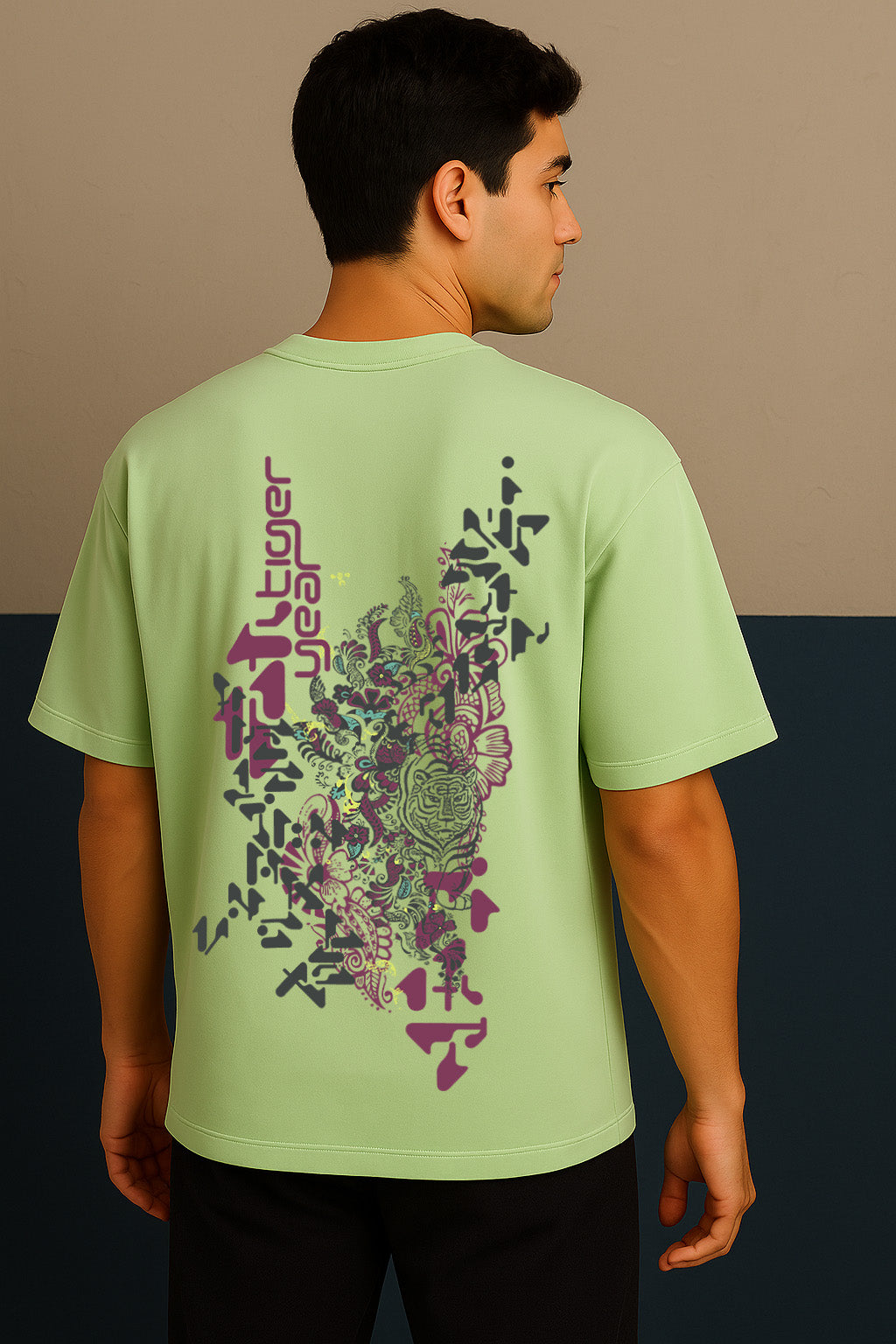 BANKAZ japanese themed tiger graphic t shirt in green oversized style – back view