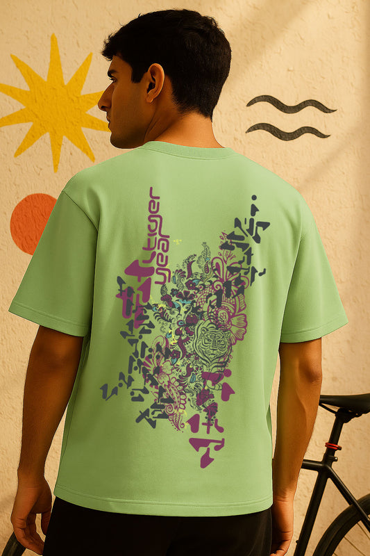 Side pose showcasing BANKAZ green oversized t shirt with detailed japanese tiger graphic