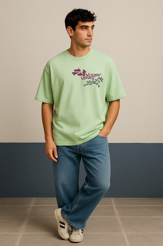 BANKAZ green oversized t shirt with purple tiger year print – front angle