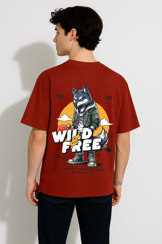 Back view of red oversized t shirt for men with lone wolf illustration and motivational slogan