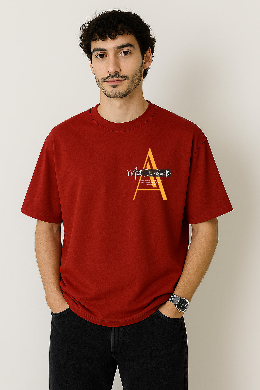 Close-up of lone wolf t shirt front design with oversized red base and modern typographic detailing