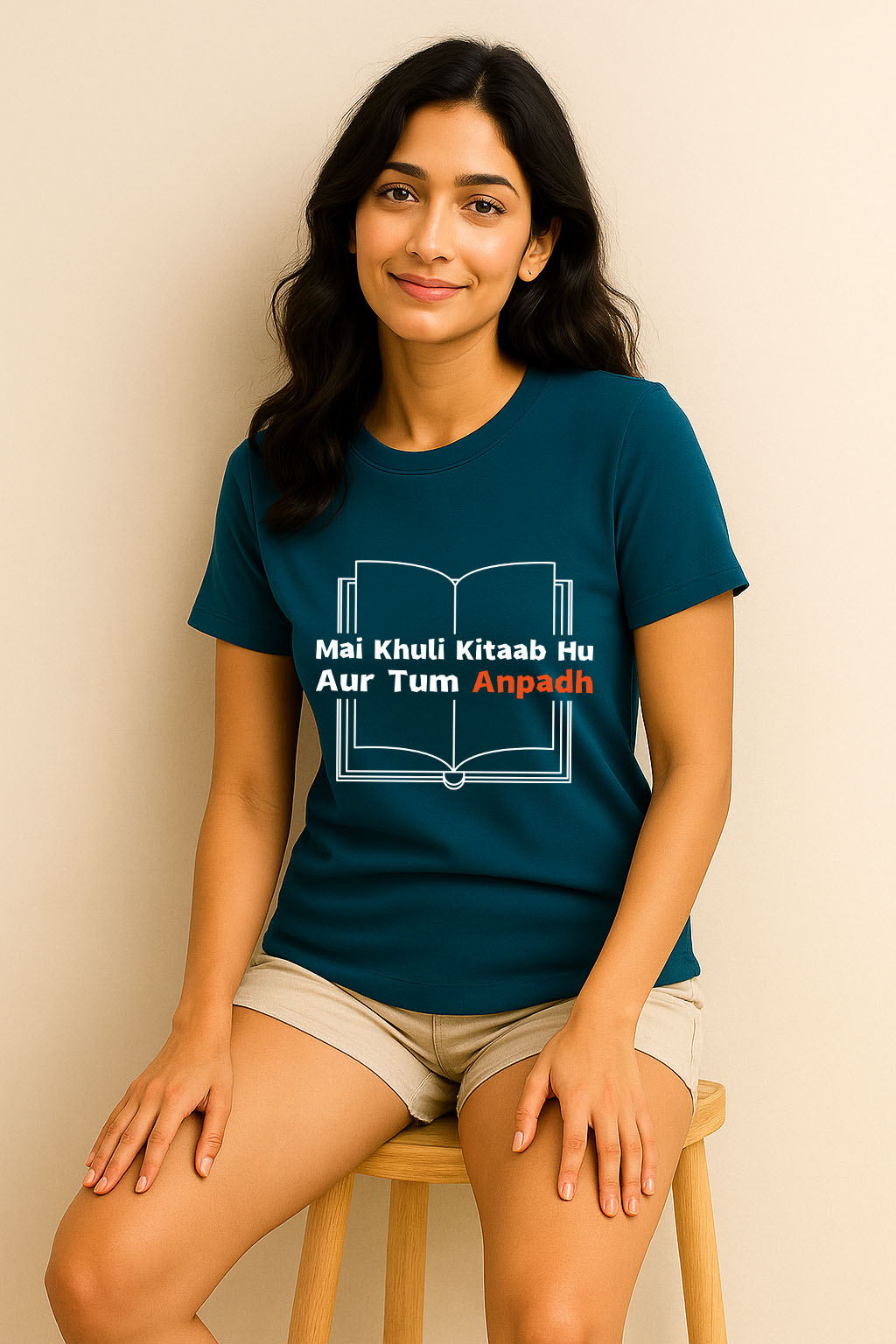 Sitting front pose – witty Hindi print on turquoise t-shirt