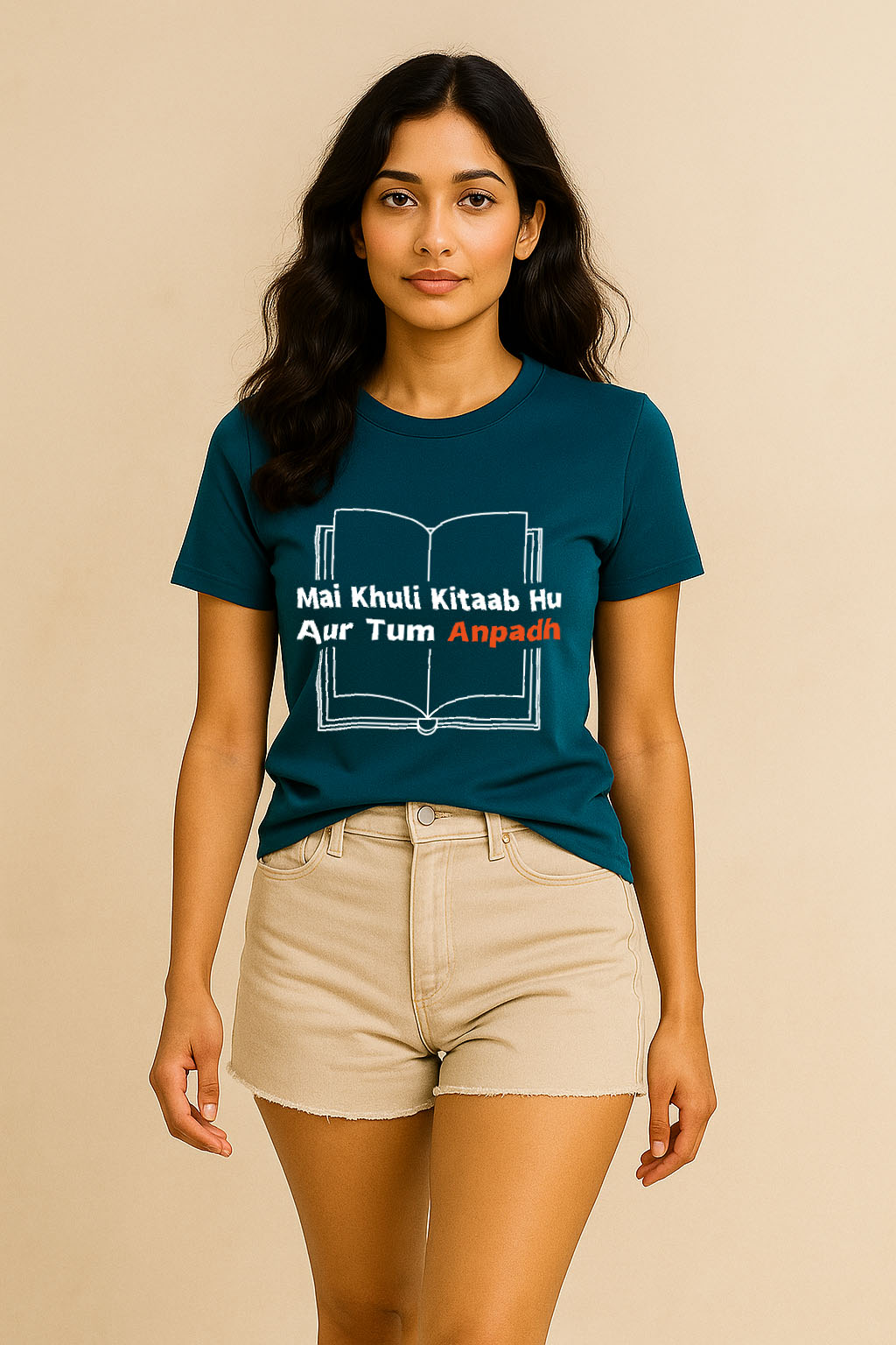 Walking pose – cotton turquoise Hindi quote t-shirt for women