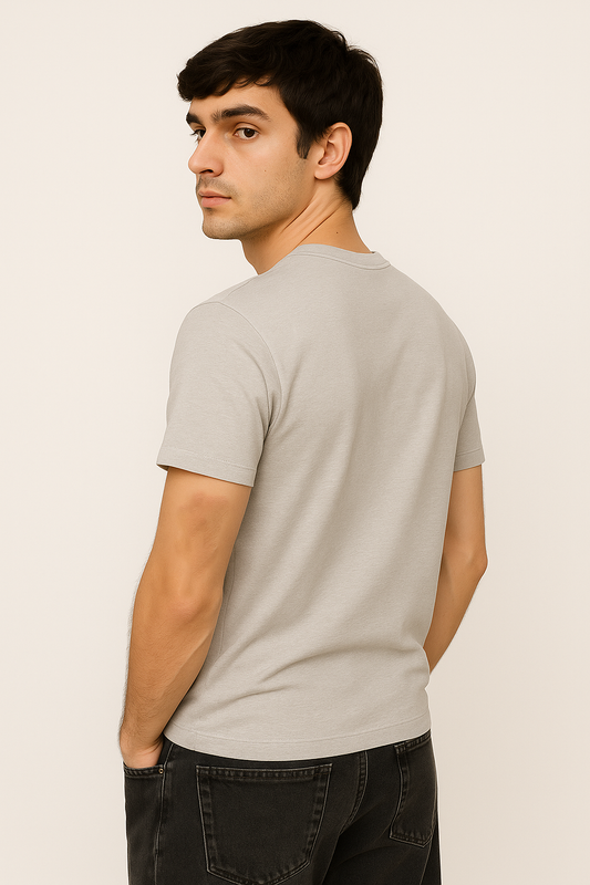Back view of men's light grey cotton t-shirt with urban unique print – premium fit