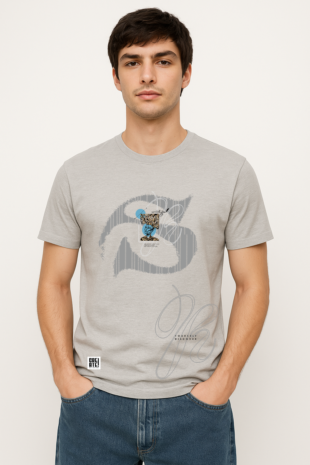 Front close-up of men's light grey cotton t-shirt with urban unique print – stylish Gen Z look